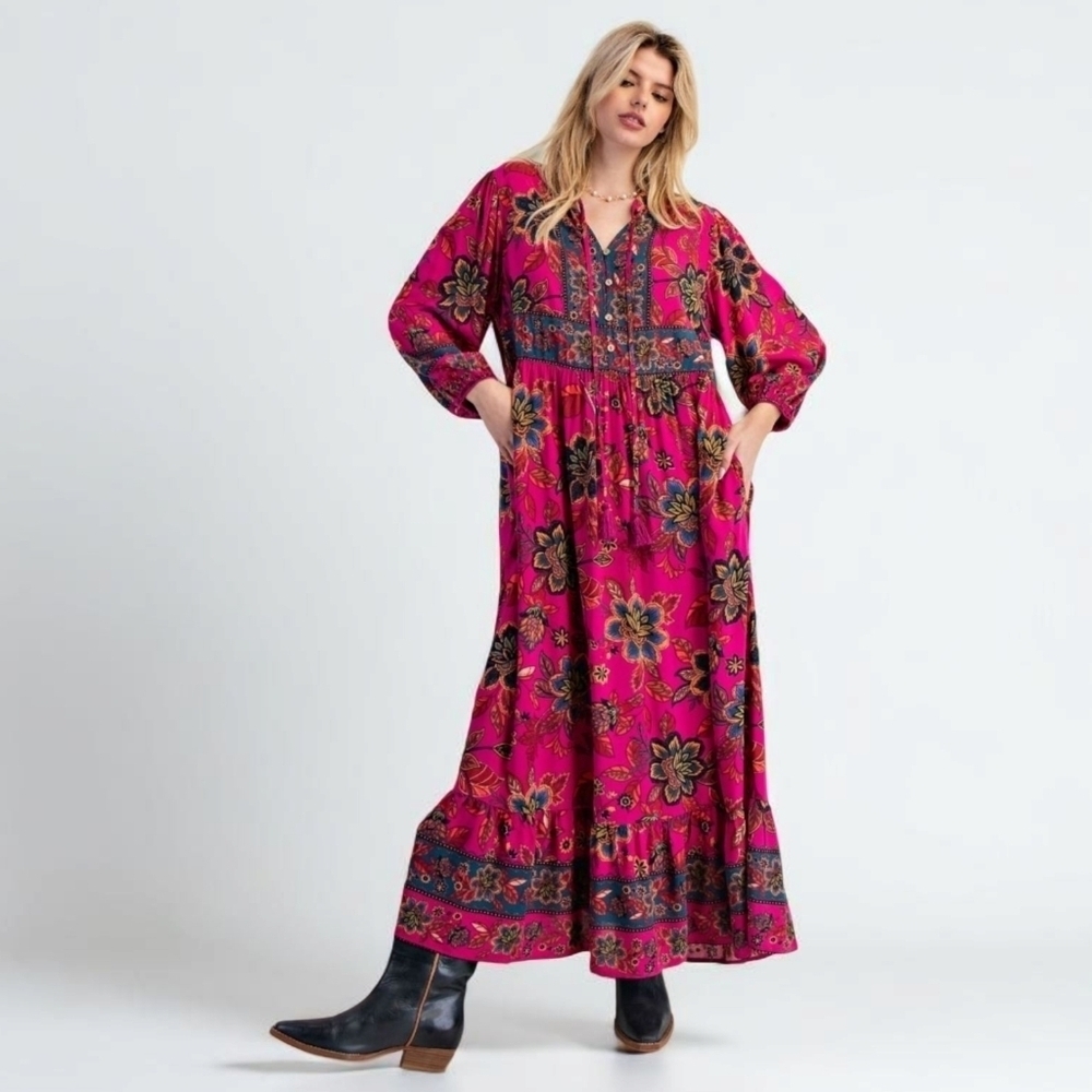 Easel Pink Floral Print Long Sleeve Maxi Dress New